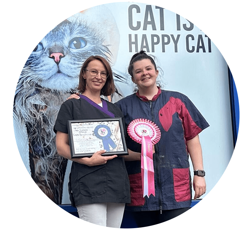 Mittens Grooming owner Greta with her teacher after receiving her IPET Level 3 Diploma