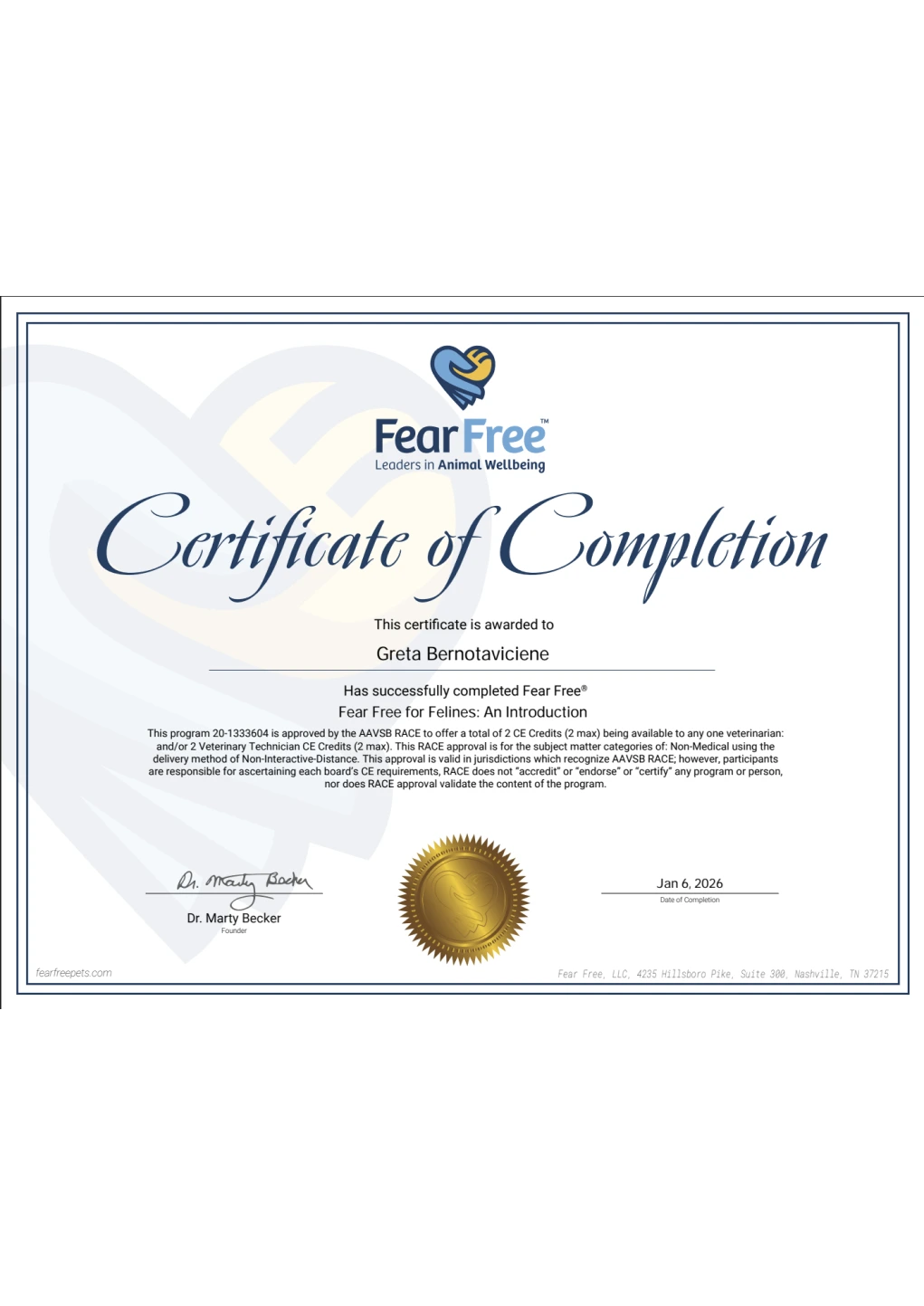 Fear Free Felines Introduction Certificate of Achievement