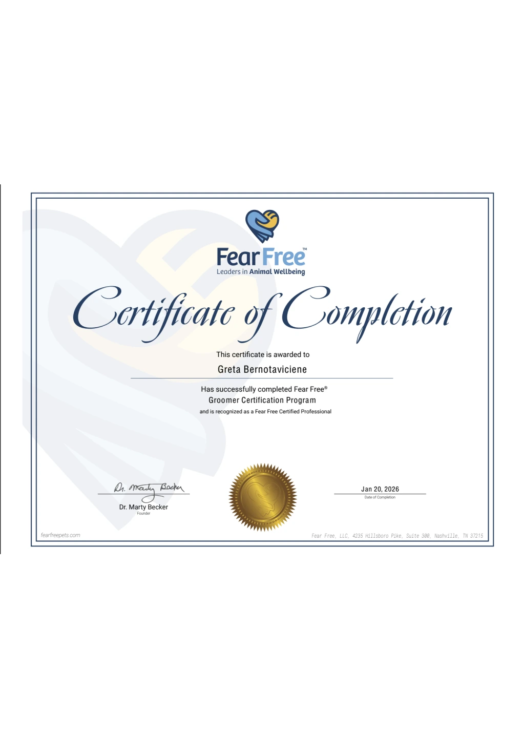 Fear Free Groomer Program Certificate of Achievement